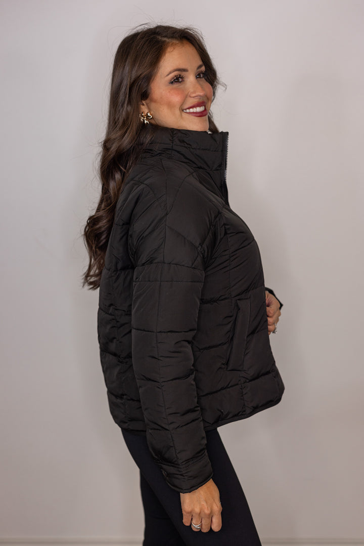 women's black quilted puffer jacket