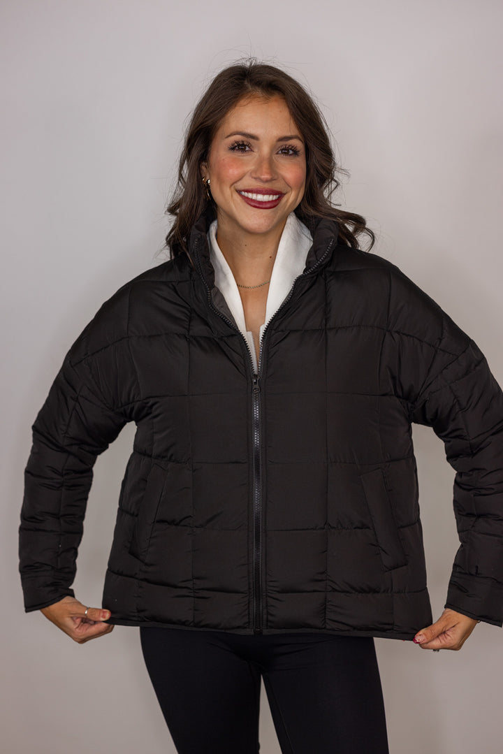 women's black quilted puffer jacket