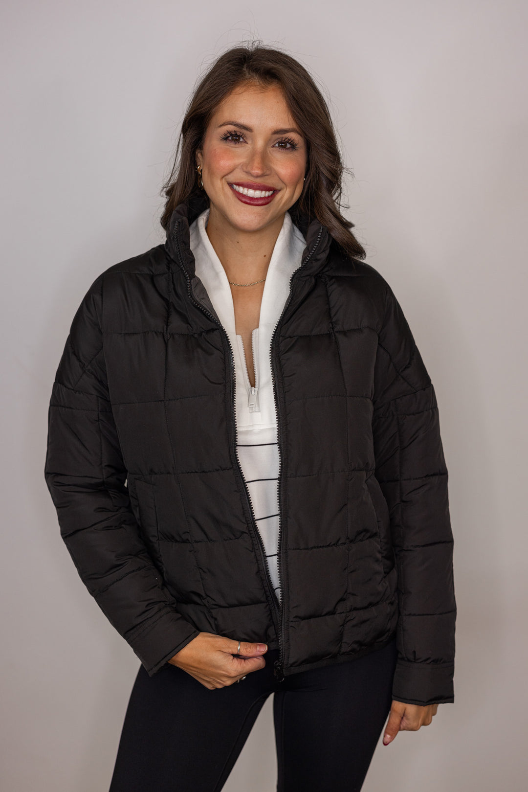 women's black quilted puffer jacket