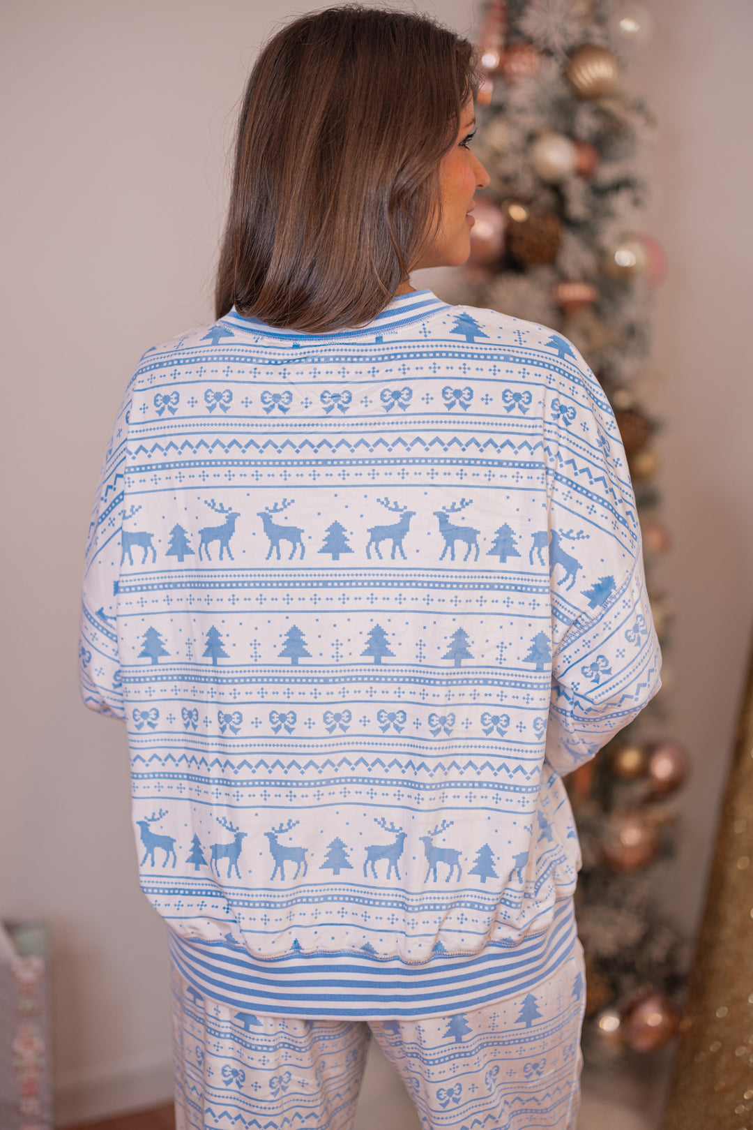 Women's white and light blue Christmas Winter print fleece pajama top by Peach Love California showing up close back view