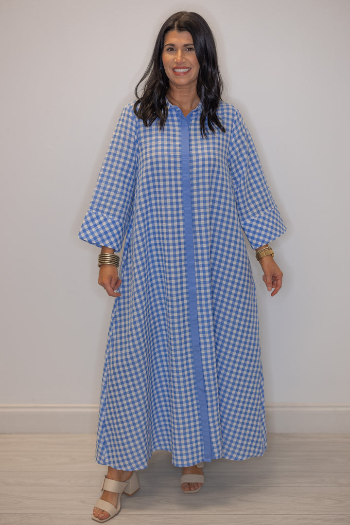 Women's blue and white gingham midi dress with hidden button front by Entro