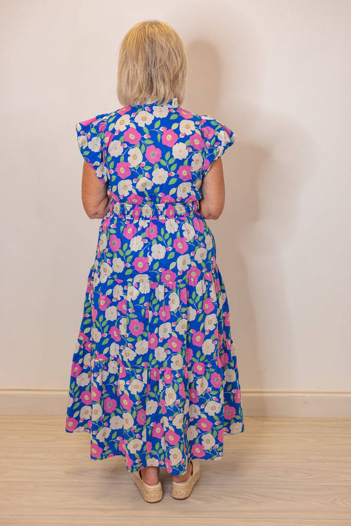 blue pink floral midi dress