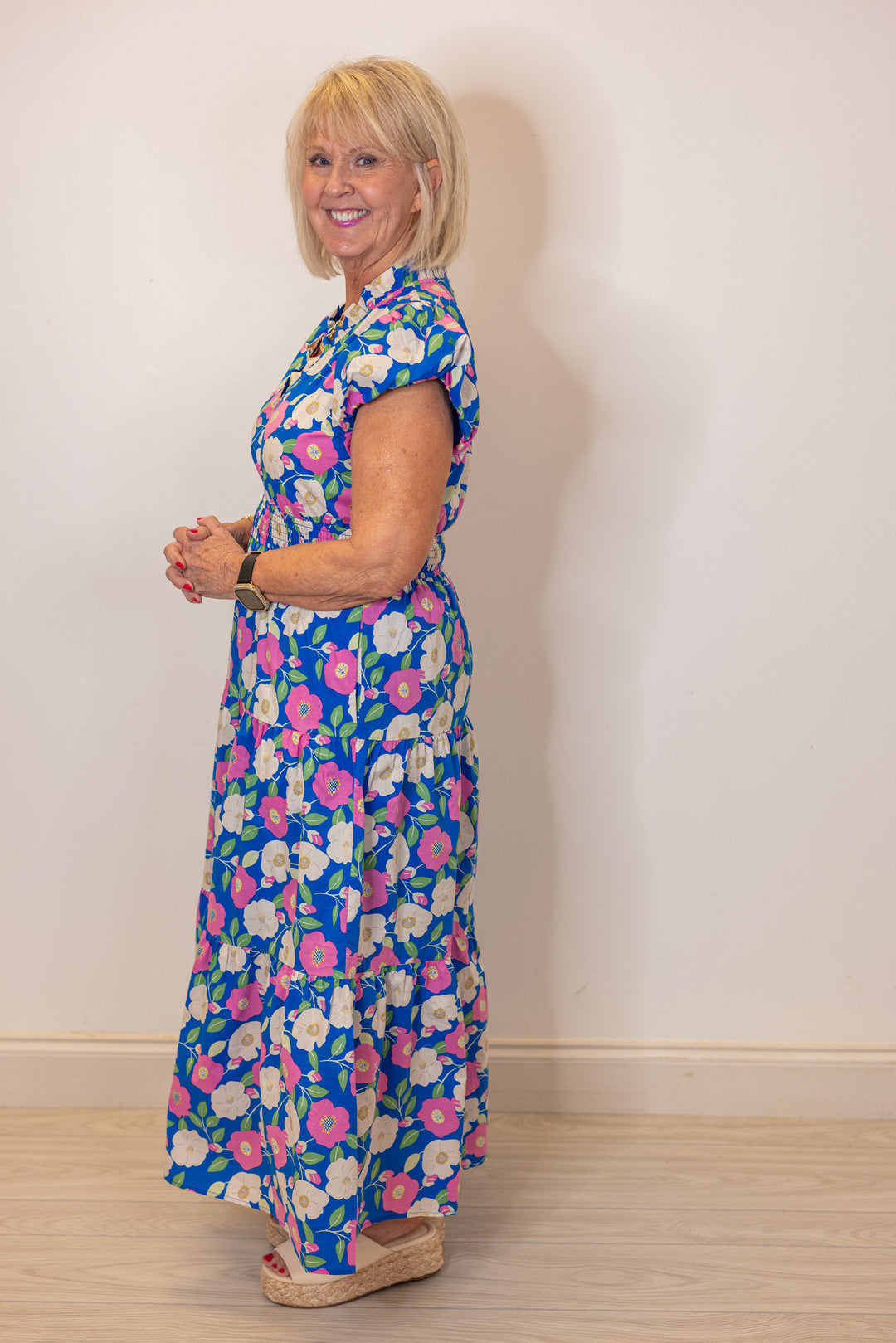 blue pink floral midi dress