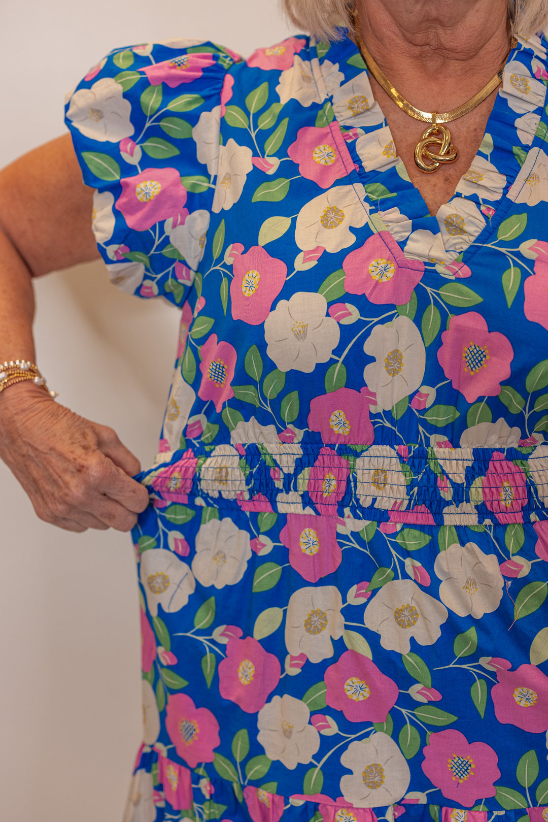 blue pink floral midi dress