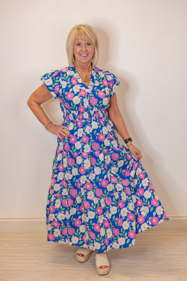 blue pink floral midi dress