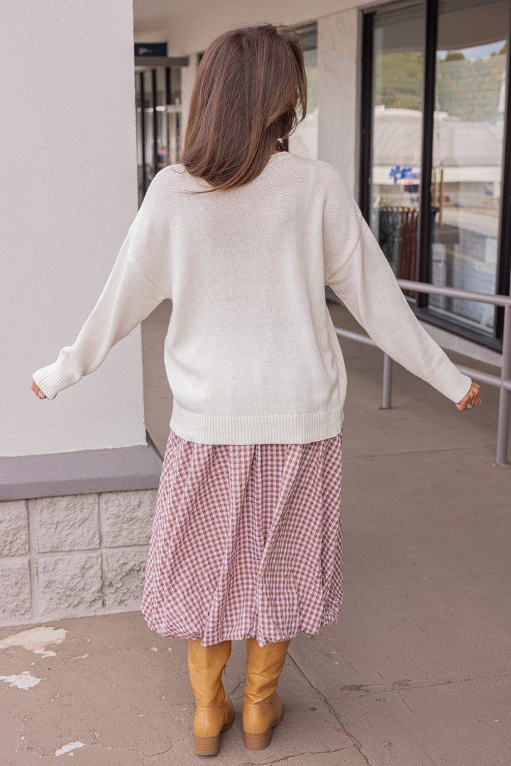 Women's caramel and white gingham textured midi skirt with bubble hem by Easel showing full back view