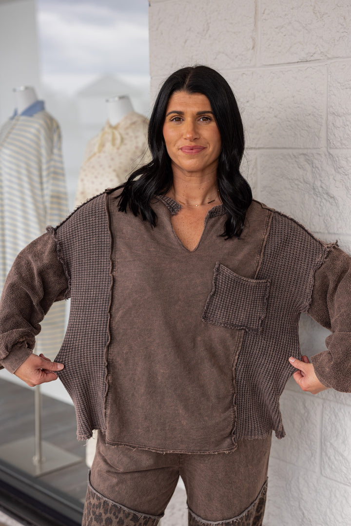 Women's mineral washed oak brown top with waffle knit patches by J. Her showing true to size fit