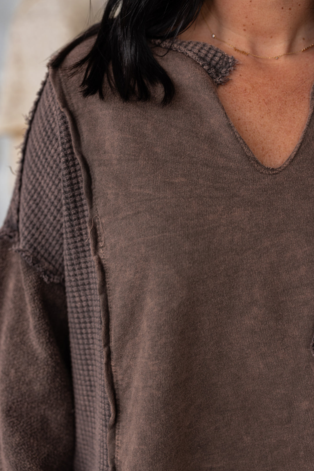 Women's mineral washed oak brown top with waffle knit patches by J. Her showing v neckline