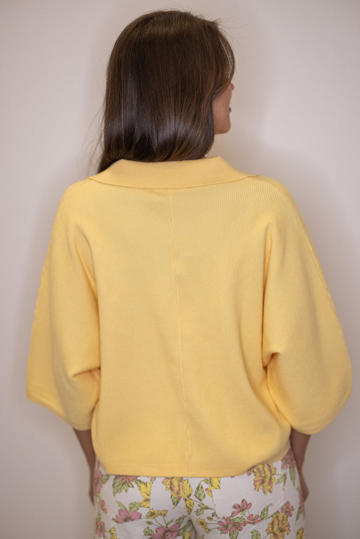 Women's wide sleeve butter yellow ribbed knit top with a collar by Entro 