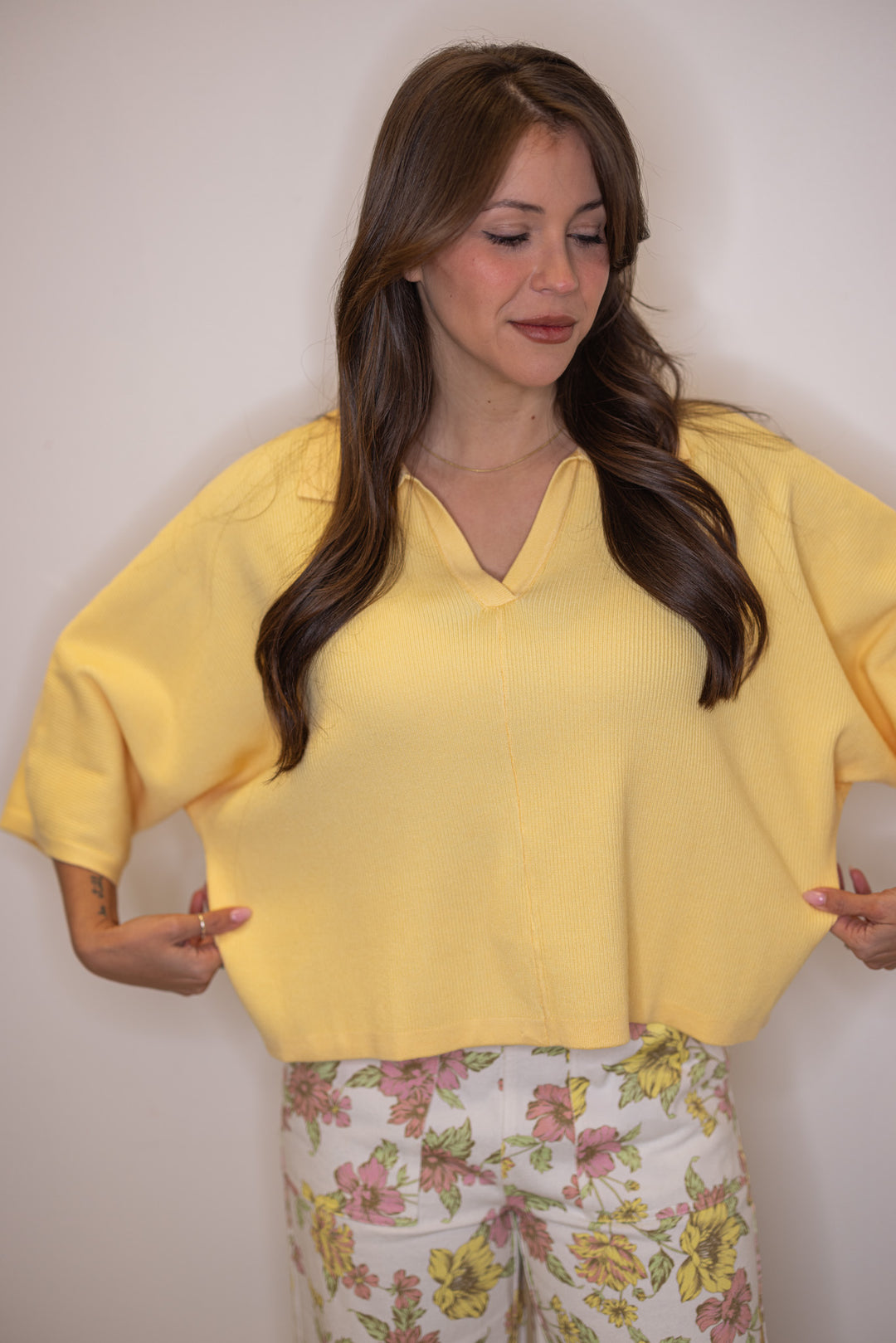 Women's boxy butter yellow ribbed knit top with a collar by Entro