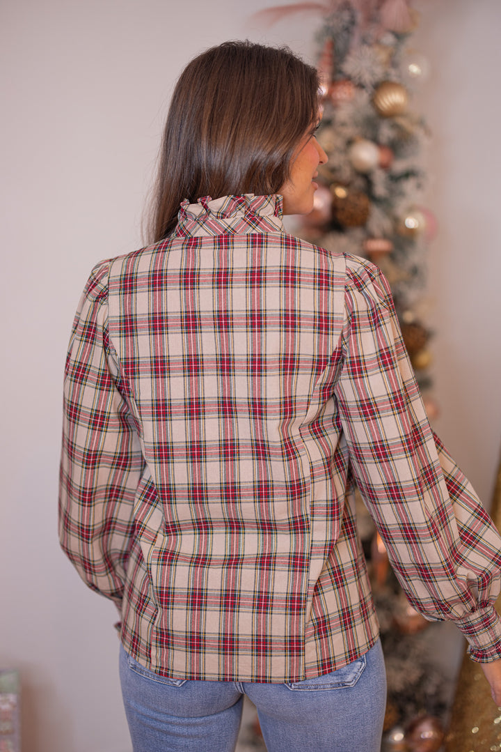 Women's taupe and red plaid button front top with ruffle details by Entro showing up close back view