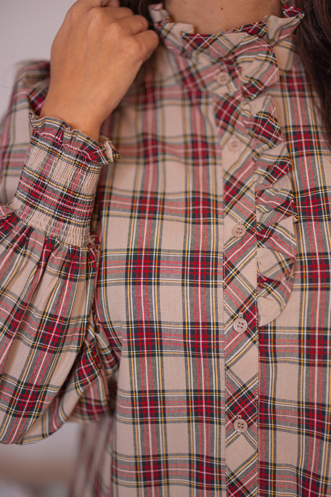 Women's taupe and red plaid button front top with ruffle details by Entro showing up close bodice and sleeve view
