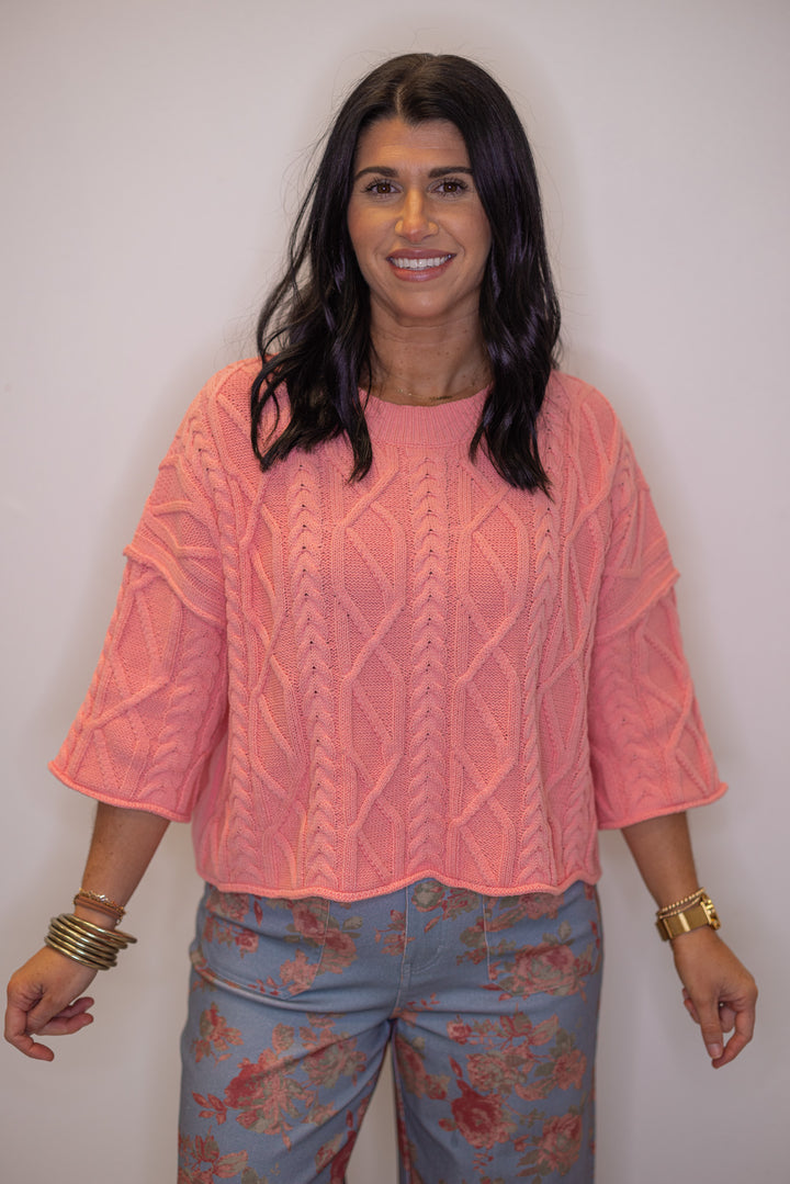 Women's coral pink cable knit cropped sweater by Entro