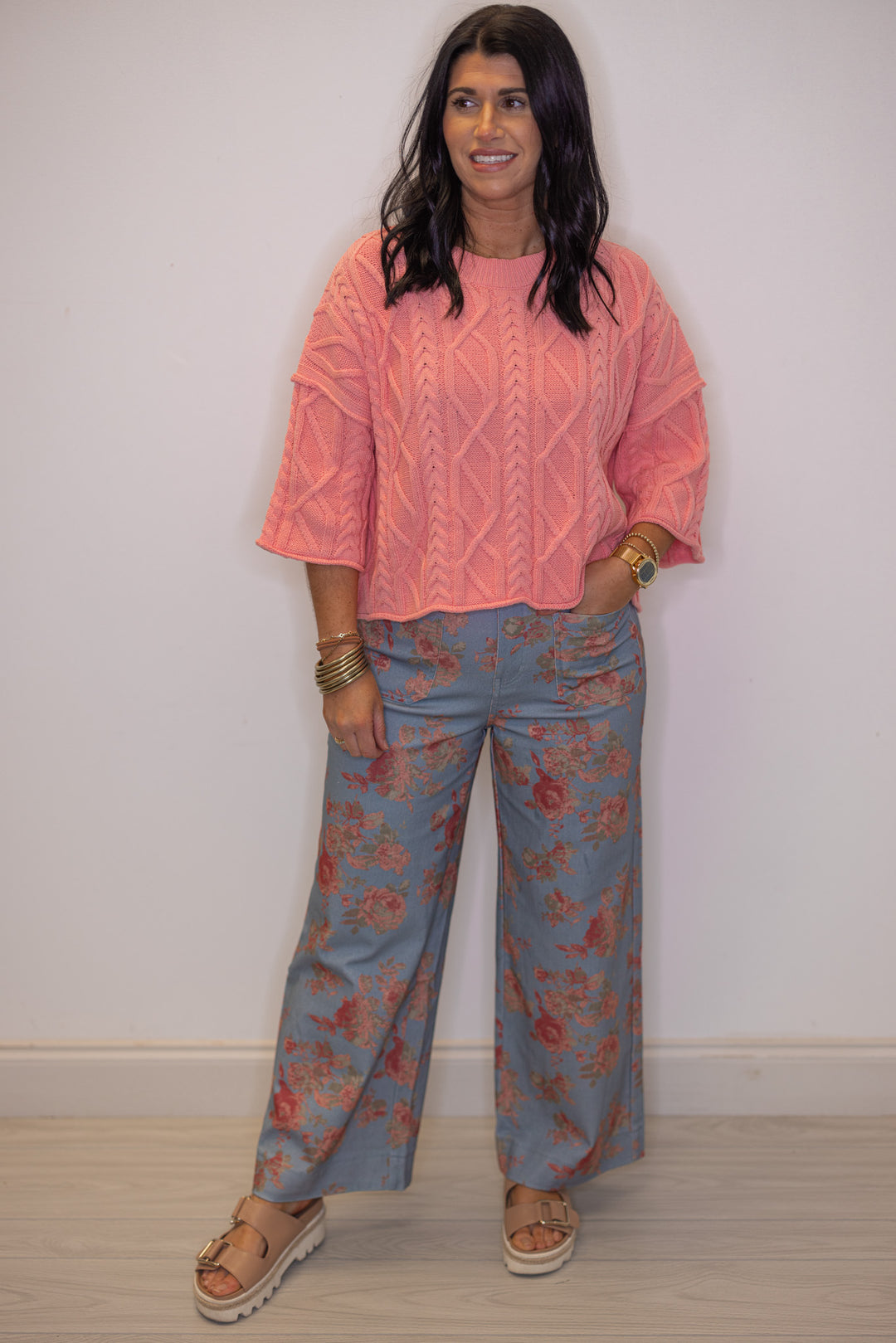 Women's coral pink cable knit cropped sweater by Entro, perfect for teachers