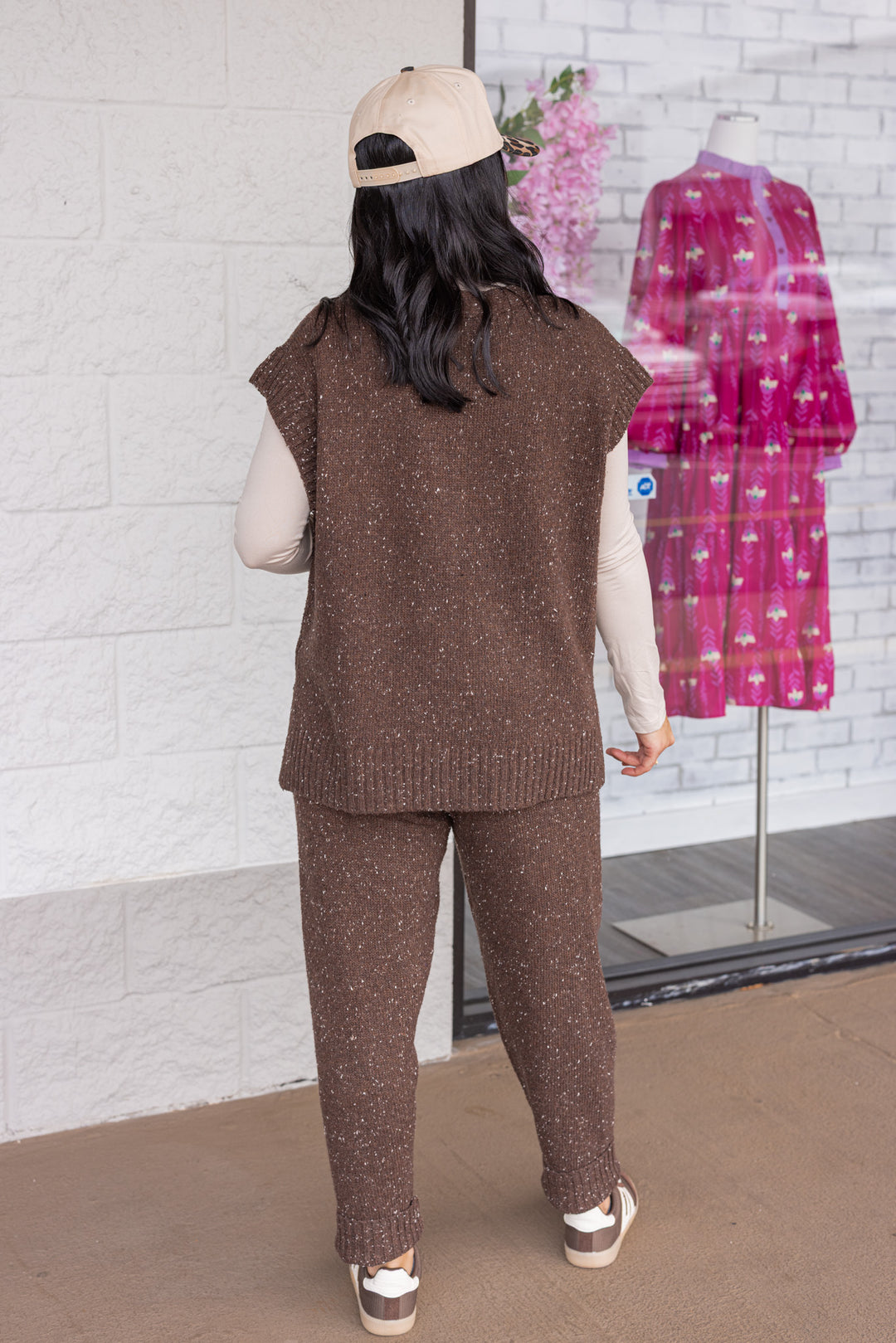 Women's chocolate brown button front sweater knit vest with ribbed trim by Mustard Seed showing full back view