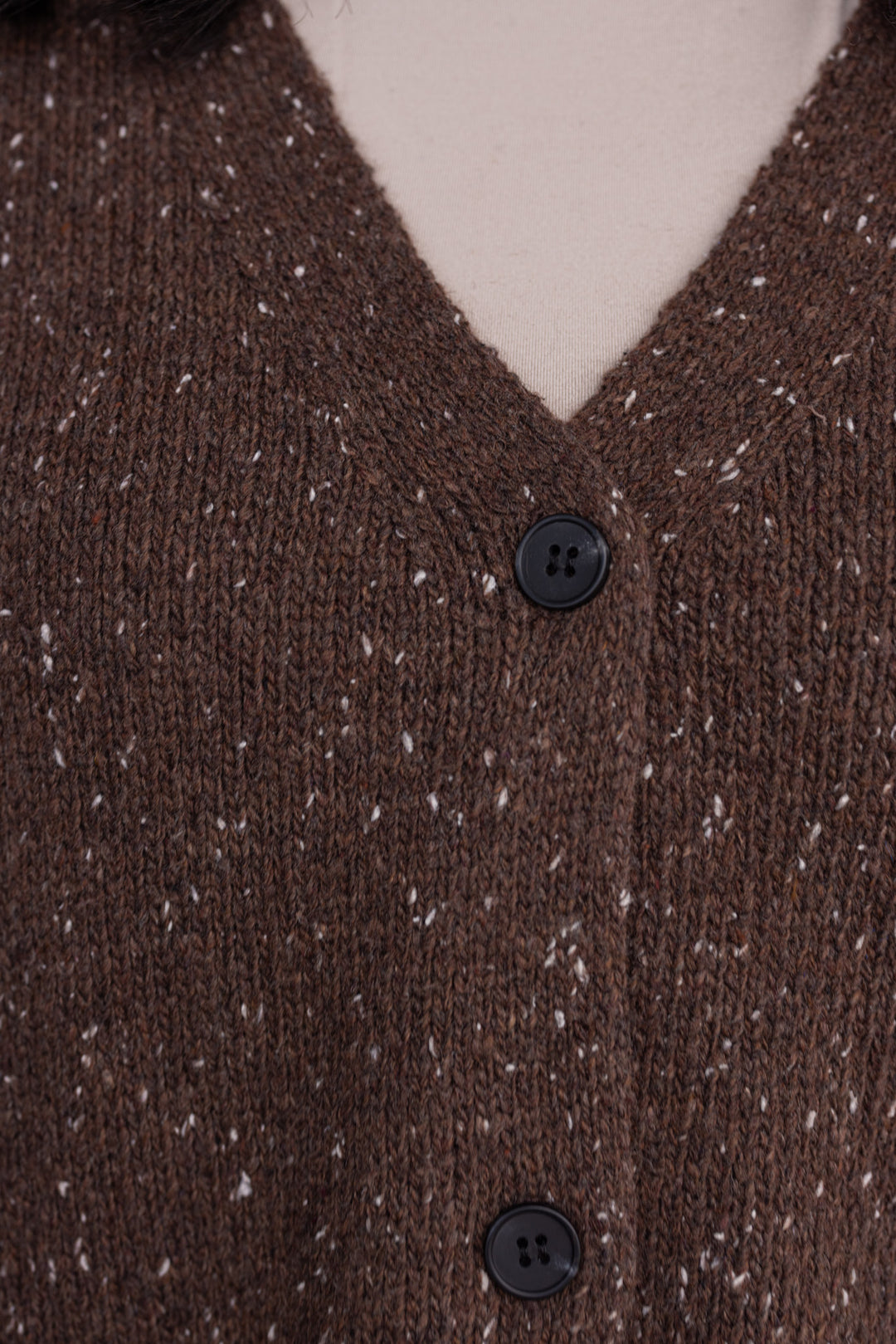Women's chocolate brown button front sweater knit vest with ribbed trim by Mustard Seed showing button details