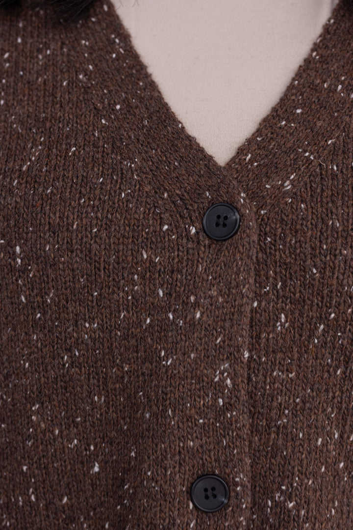 Women's chocolate brown button front sweater knit vest with ribbed trim by Mustard Seed showing button details