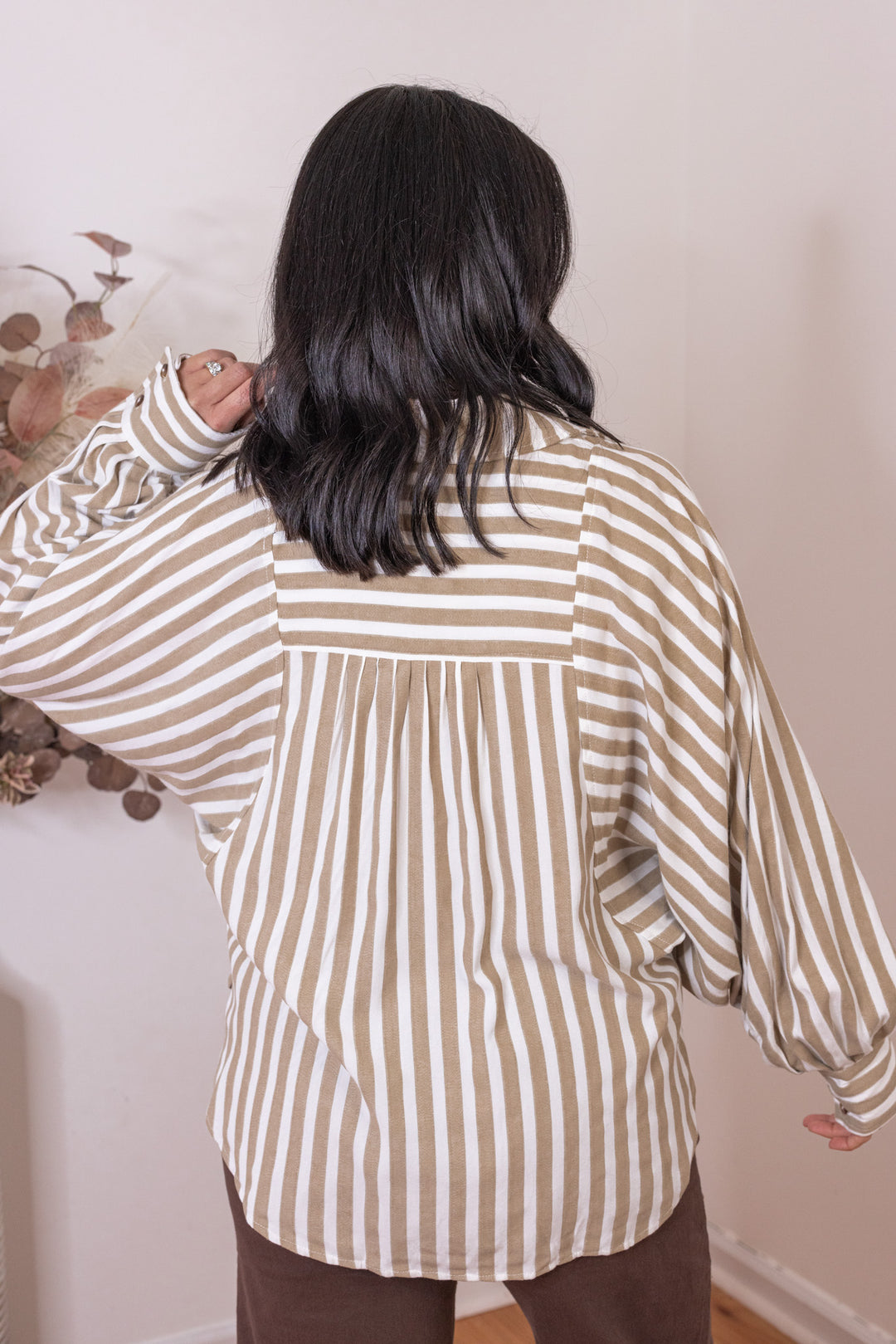 Cream and textured taupe striped button down dolman sleeve hi-low top by &merci showing up close back view