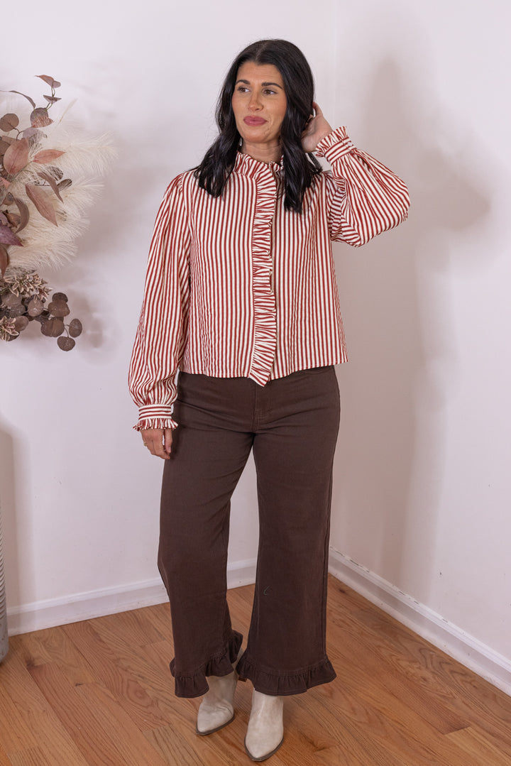 Women's red and cream striped button front top with ruffle trim details by &merci, perfect for teachers