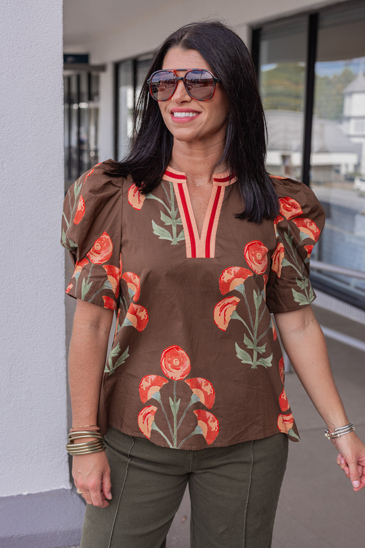 Women's brown poplin top with burgundy, peach and olive green floral print by Entro
