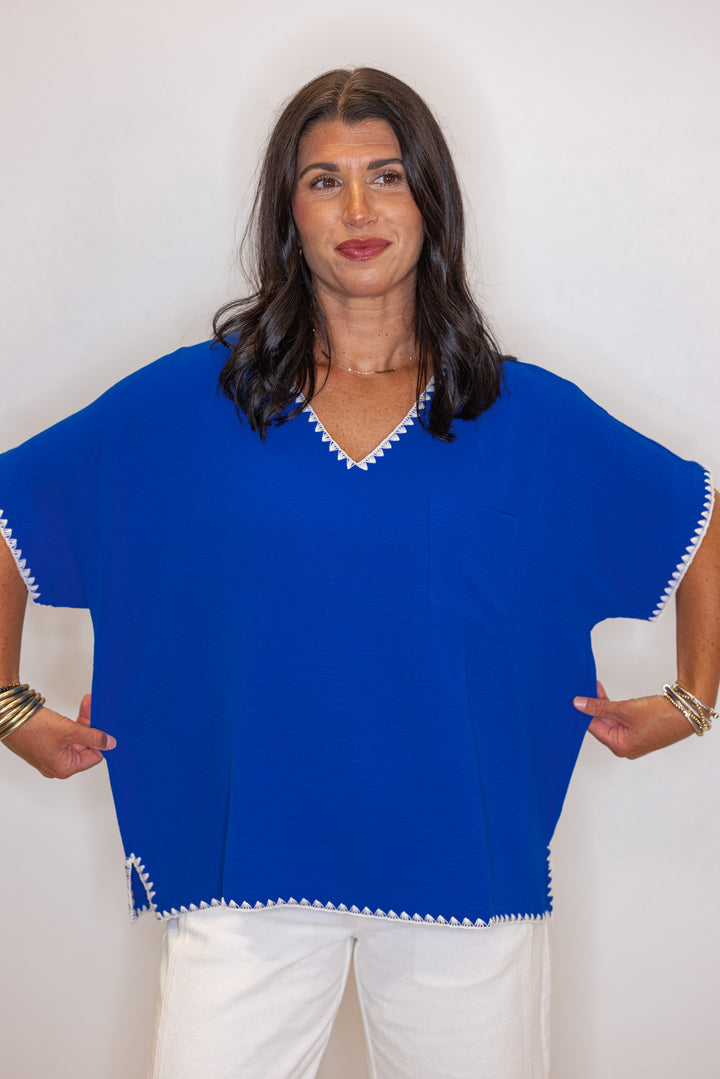 Royal blue lightweight crinkle top with embroidery stitching trim by Jodifl showing relaxed fit