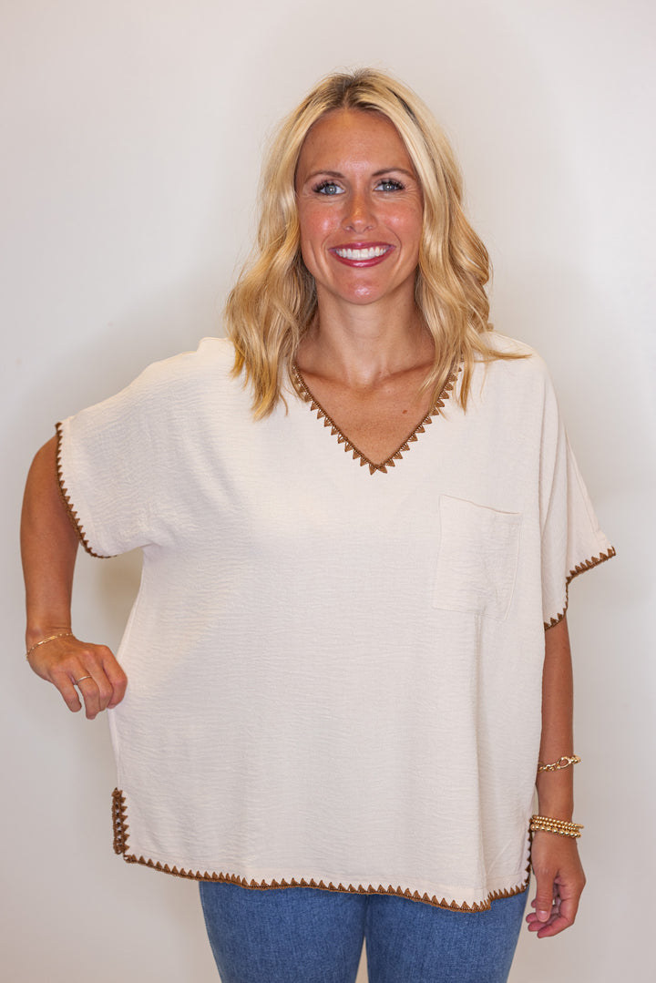 Oatmeal lightweight crinkle top with embroidery stitching trim by Jodifl showing relaxed fit