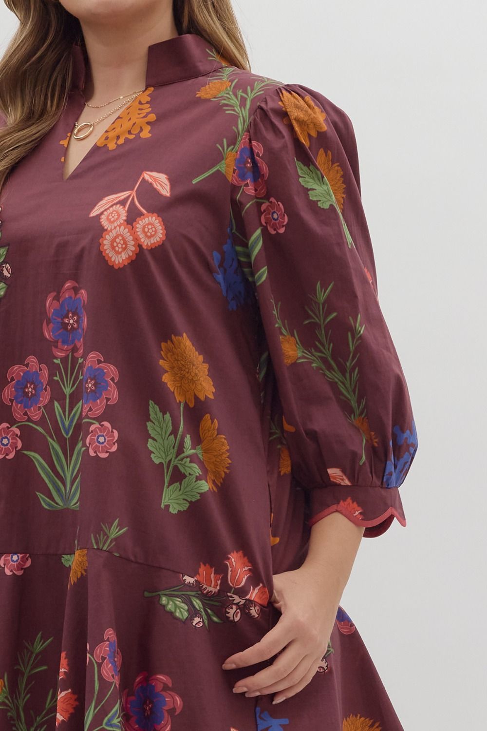 entro plus size plum floral fall dress details