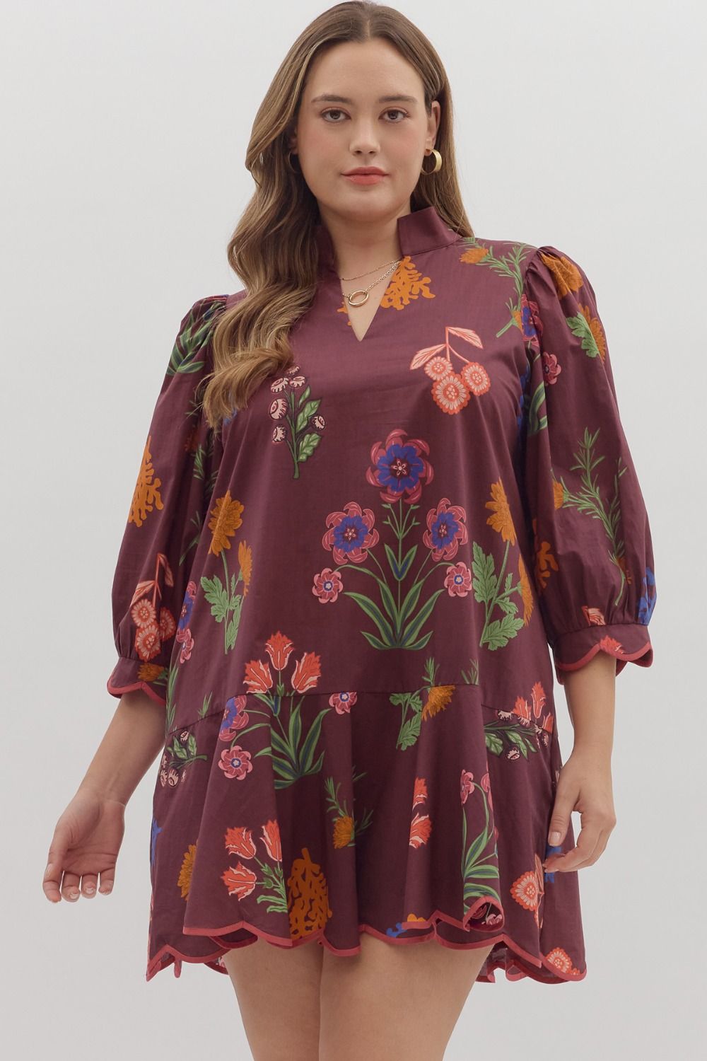 entro plus size plum floral fall dress front