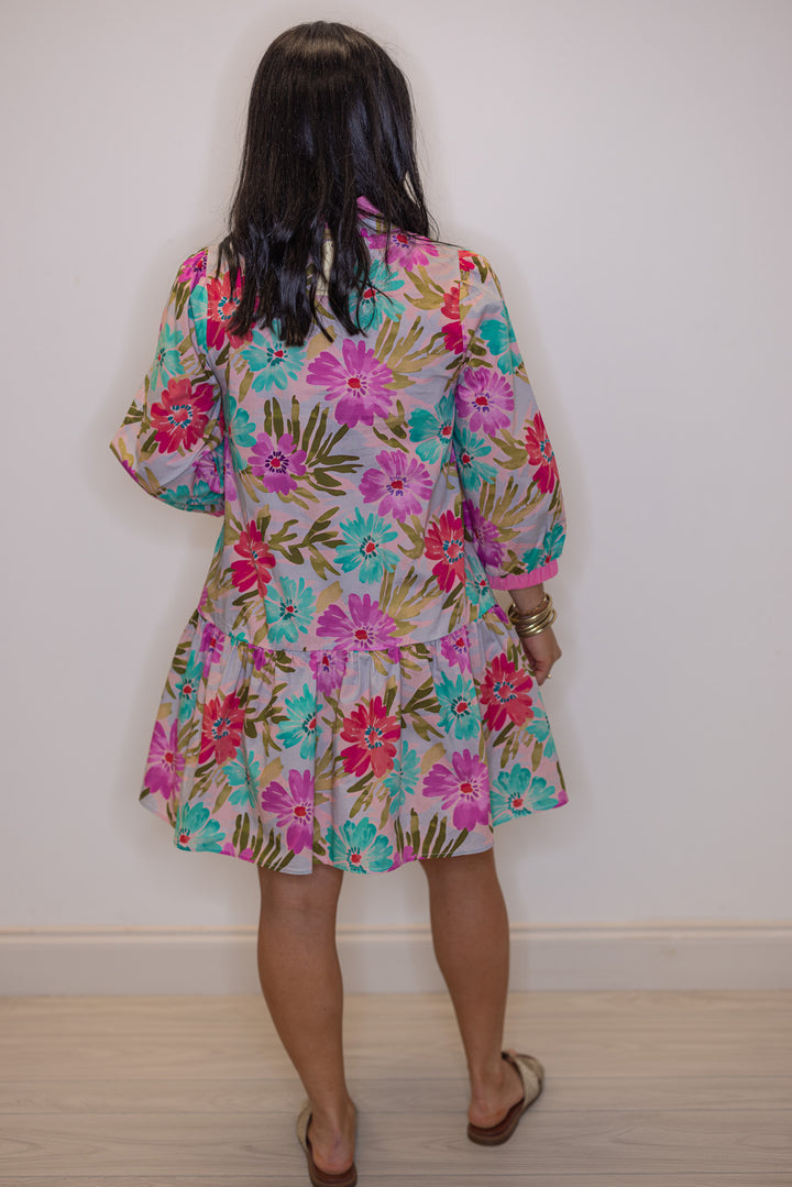 Women's pink multicolor floral print poplin dress with belted waist by Jodifl showing full back view