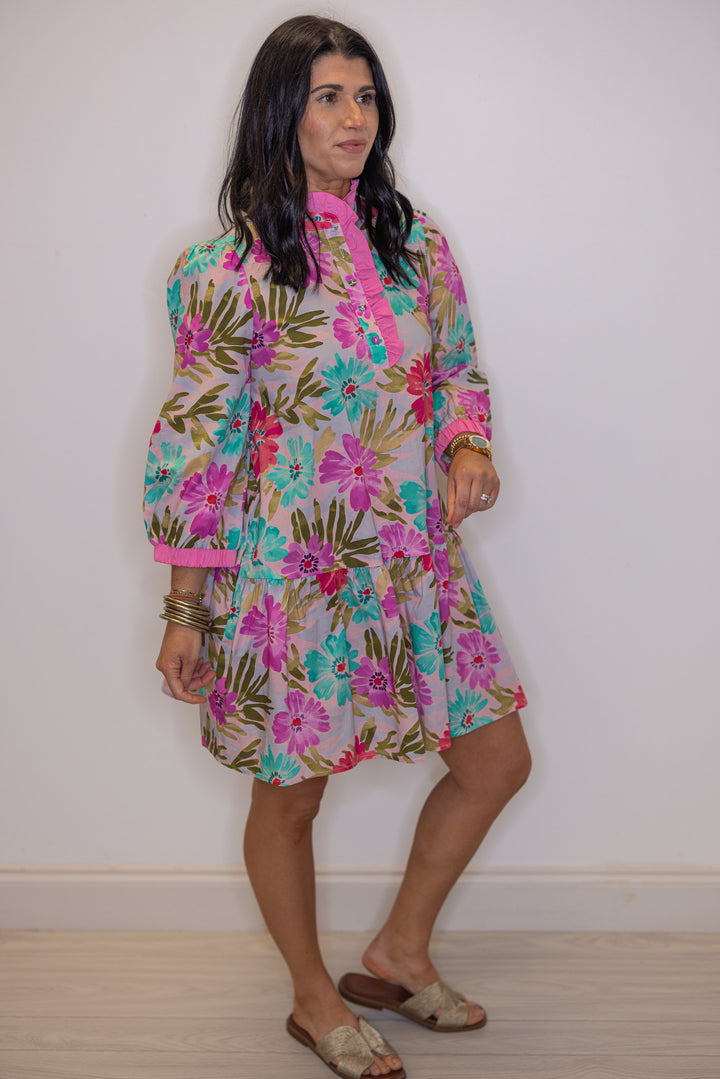 Women's pink multicolor floral print poplin dress with belted waist by Jodifl showing side view