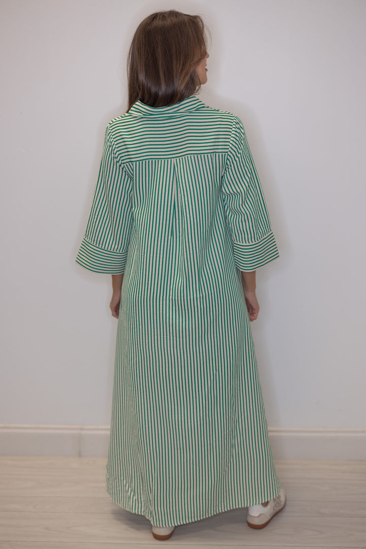 Women's striped green maxi dress by Entro showing full back view