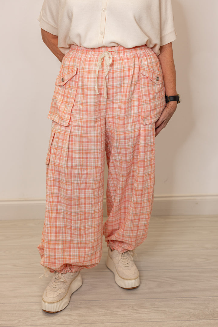 peach plaid linen jogger pants