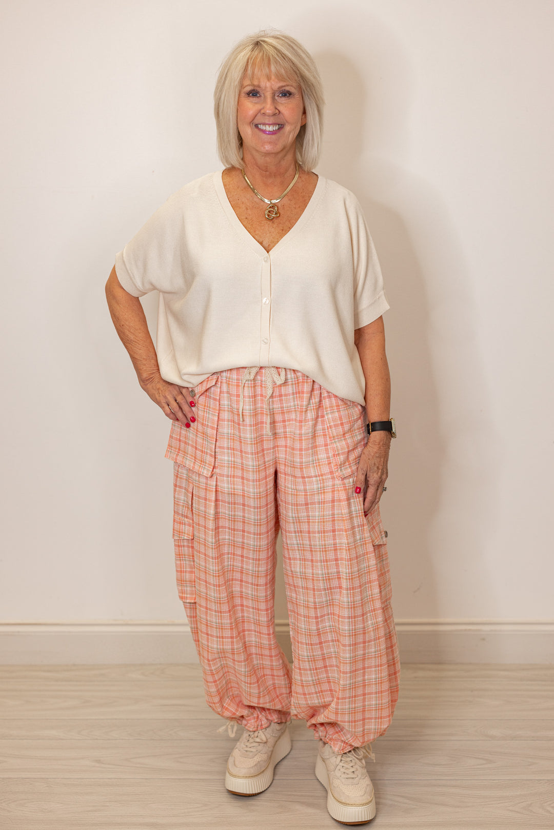 peach plaid linen jogger pants