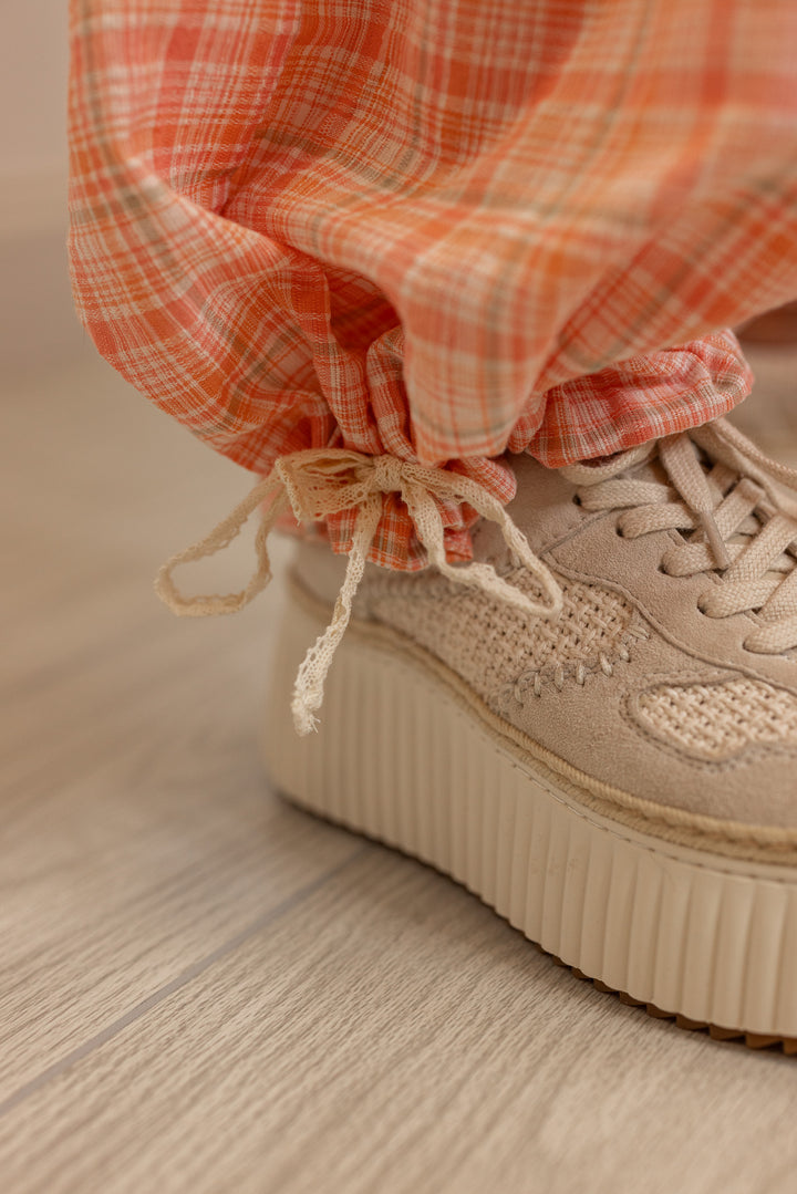 peach plaid linen jogger pants