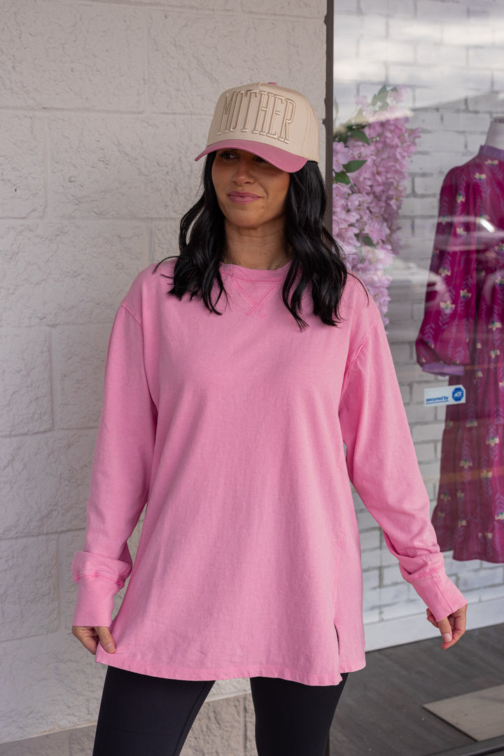 Women's mineral washed taffy pink long sleeve top by Hyfve