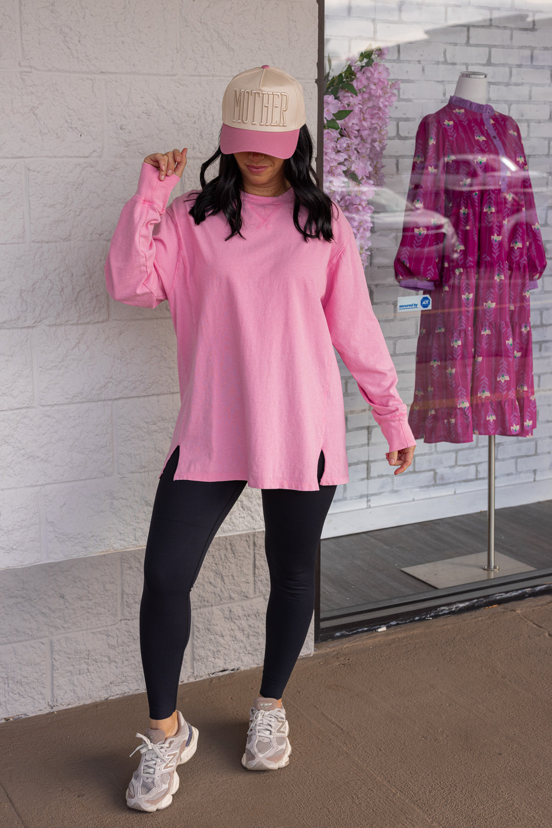 Women's mineral washed taffy pink long sleeve top by Hyfve showing full front view