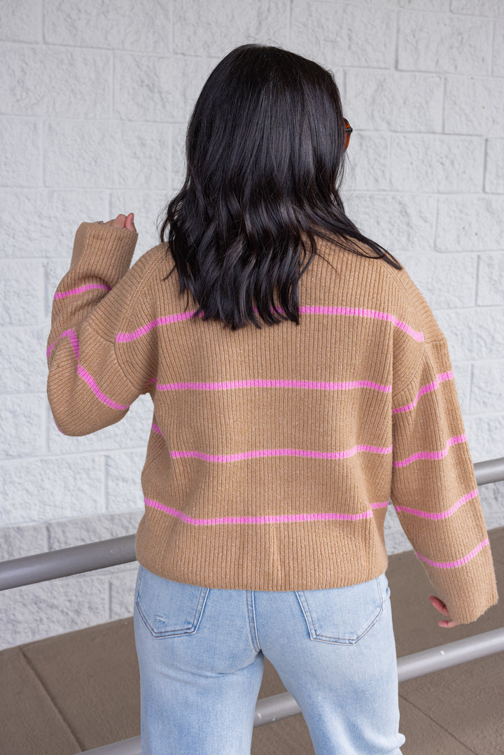 Women's taupe ribbed knit sweater with pink stripes by Wishlist showing up close back view