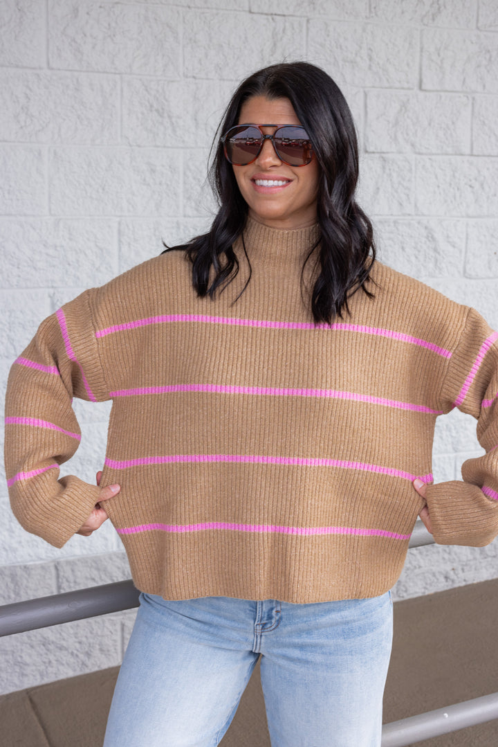 Women's taupe ribbed knit sweater with pink stripes by Wishlist showing true to size fit