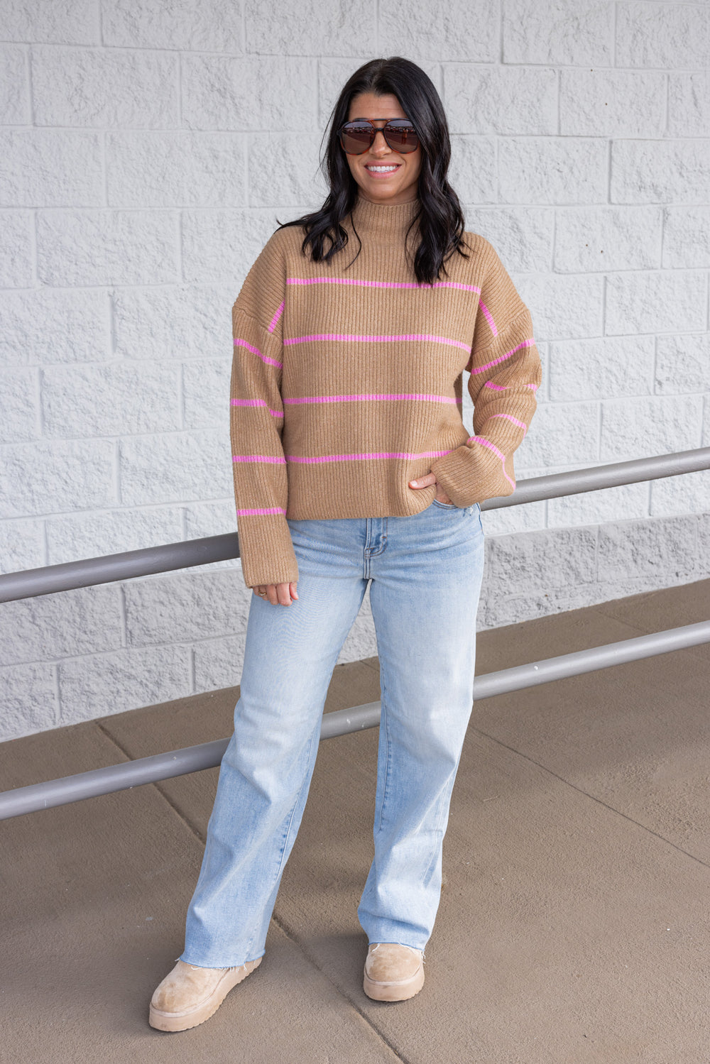 Women's taupe ribbed knit sweater with pink stripes by Wishlist showing full front view