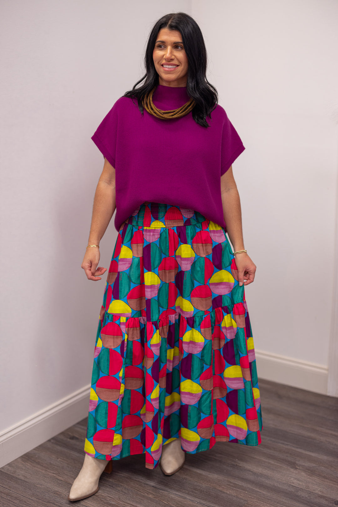 Women's magenta short sleeve mock neck ribbed knit top with drop shoulder by Jodifl, perfect for church outfits