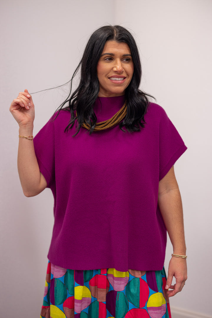 Women's magenta short sleeve mock neck ribbed knit top with drop shoulder by Jodifl
