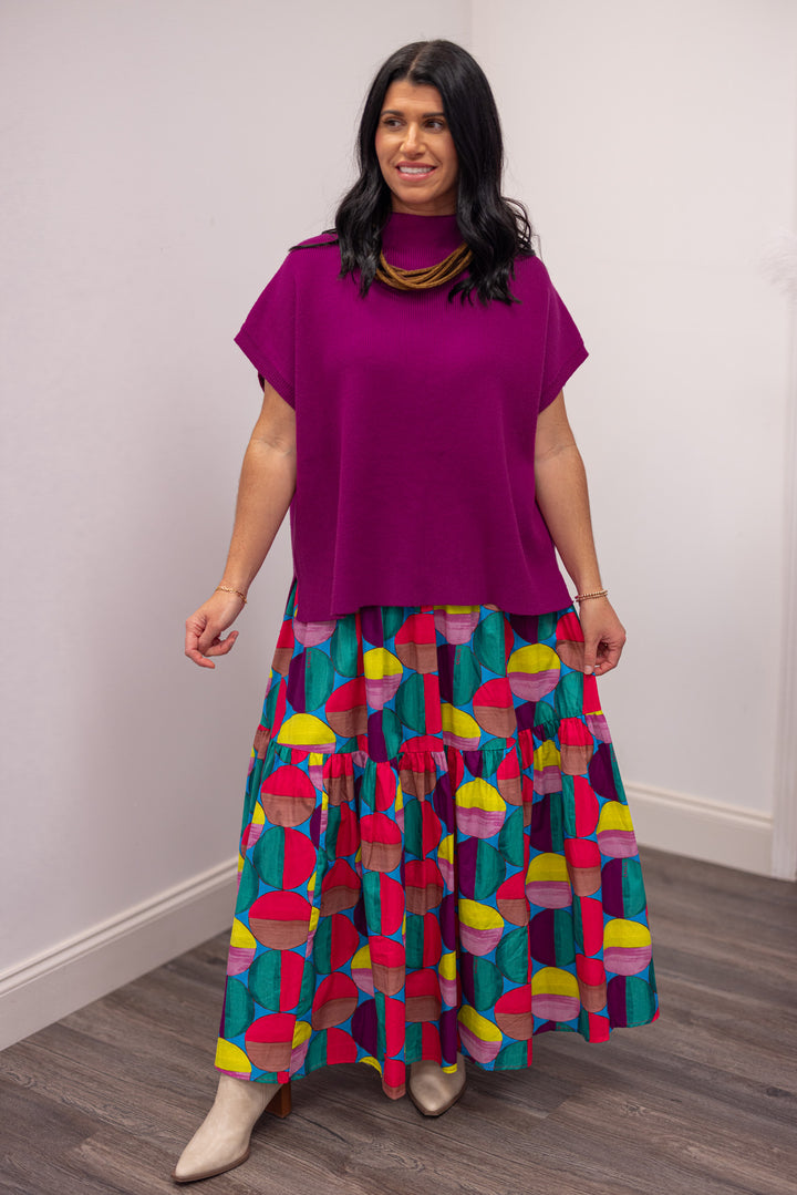 Women's magenta short sleeve mock neck ribbed knit top with drop shoulder by Jodifl showing full front view