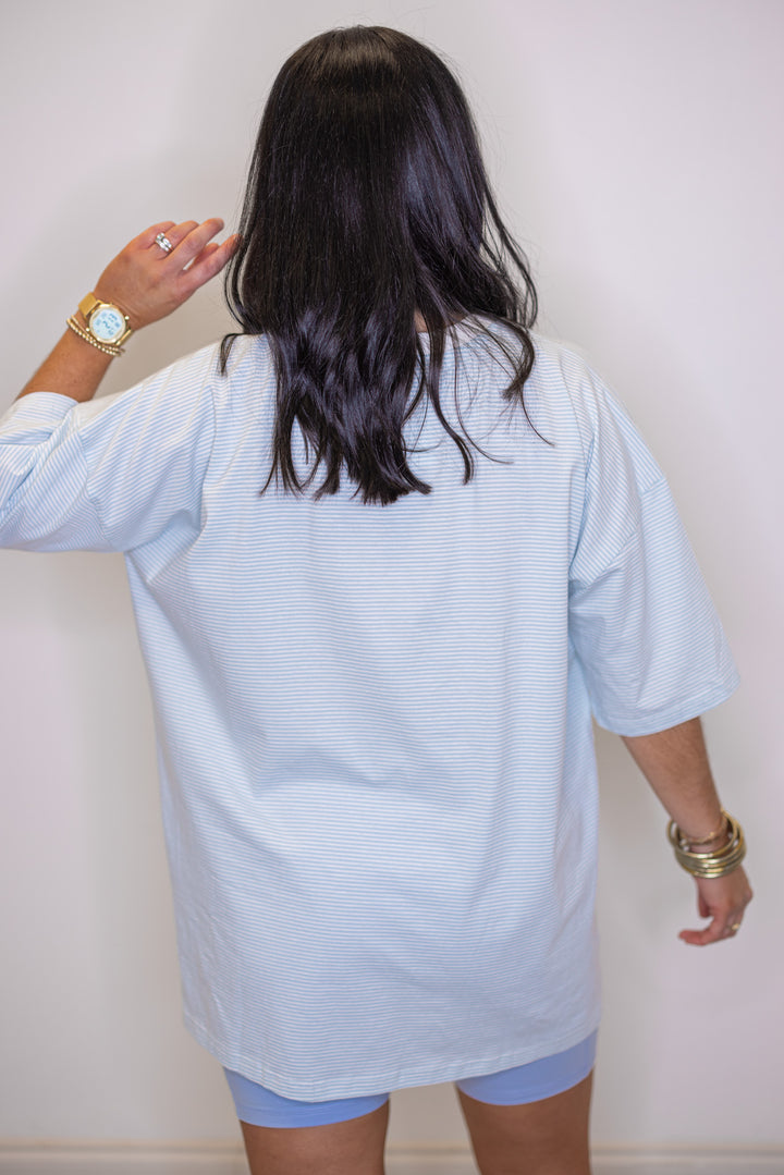 Womens light blue and white striped knit oversized top by Wishlist showing up close back view