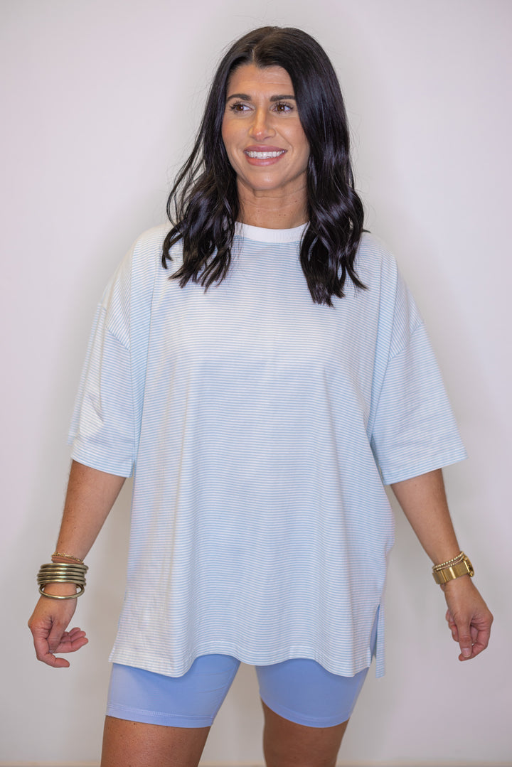 Womens light blue and white striped knit oversized top by Wishlist