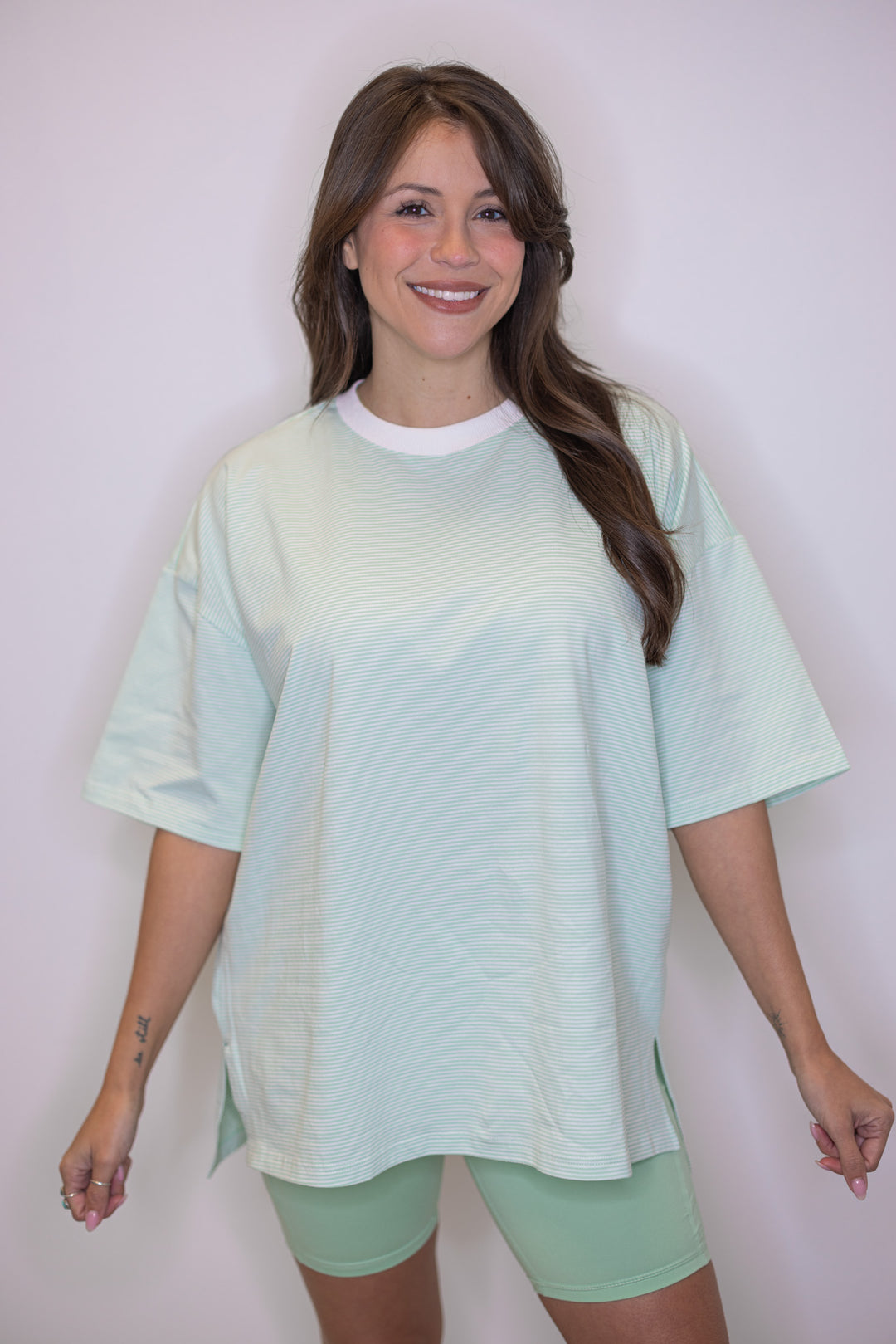 Women's mint green and white striped knit oversized top by Wishlist