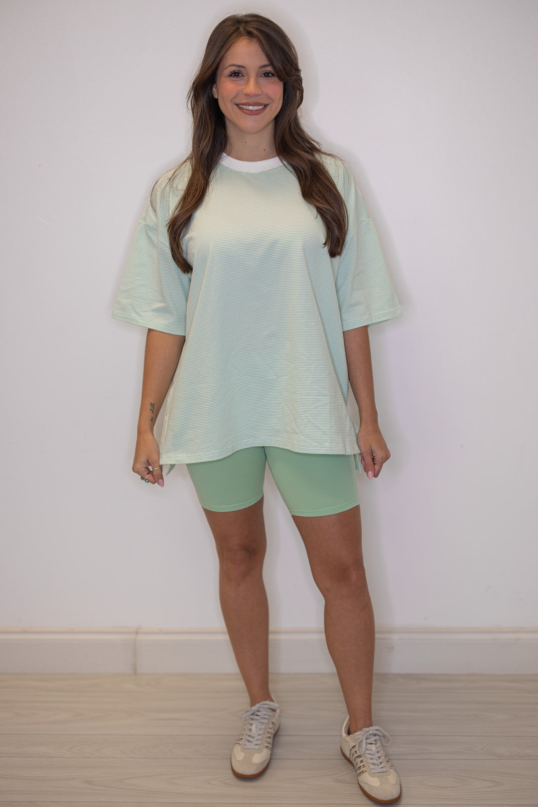 Women's mint green and white striped knit oversized top by Wishlist, great for Spring outings