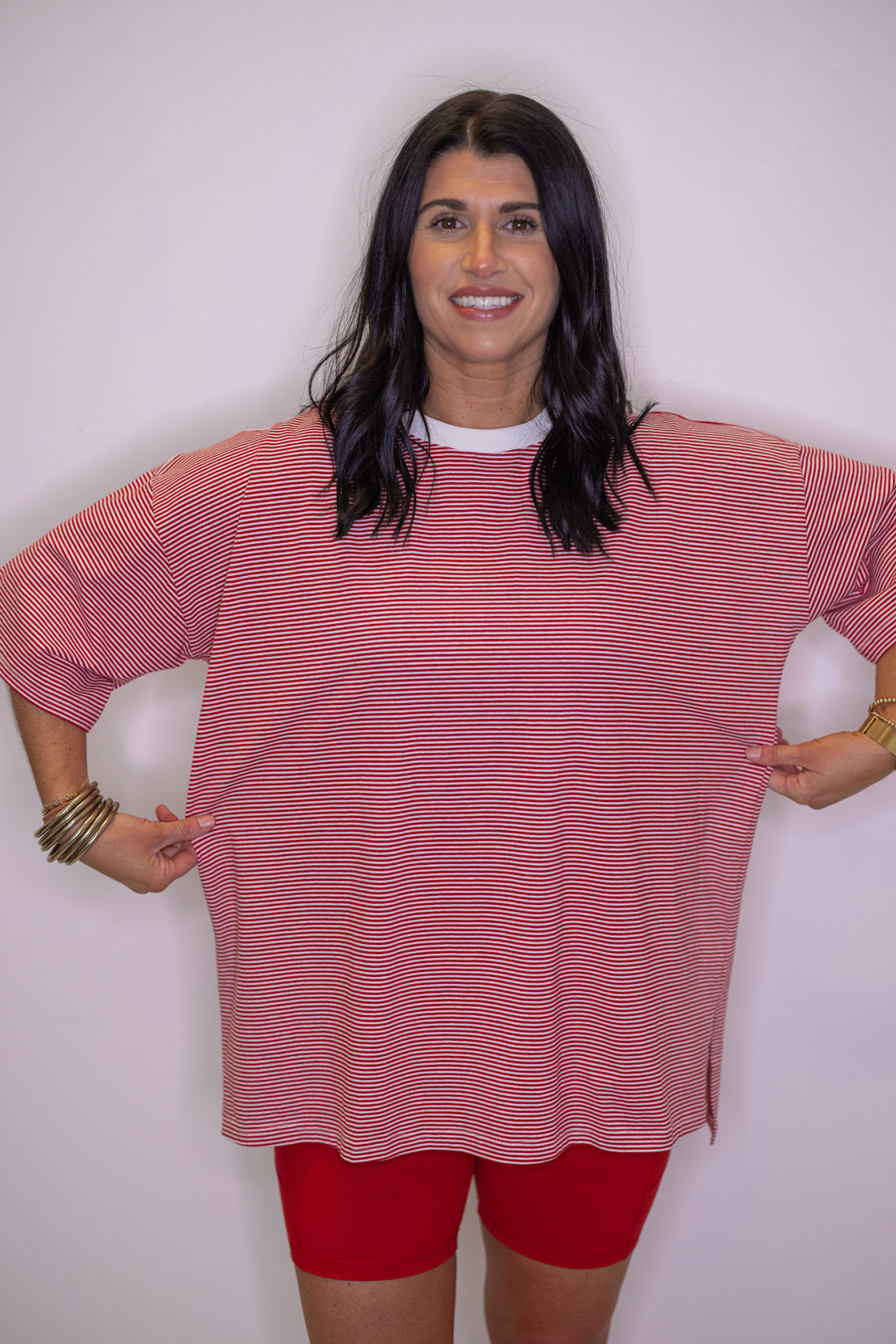 Women's trendy red and white striped knit oversized top 