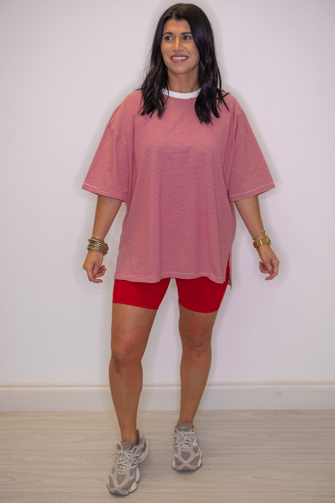 Women's red and white striped knit oversized top