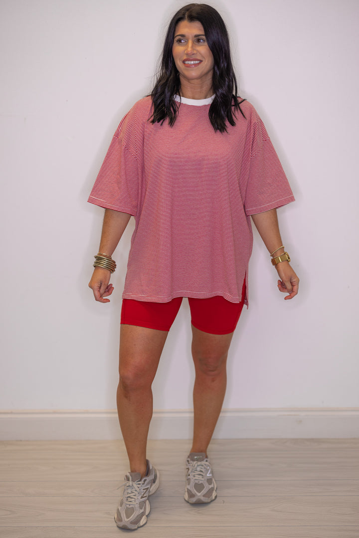 Women's red and white striped knit oversized top