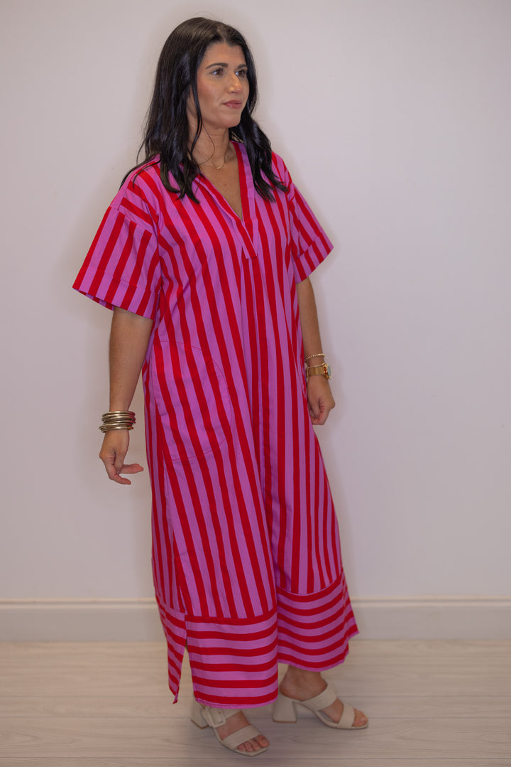 Women's red and pink striped midi dress by Entro, great for church